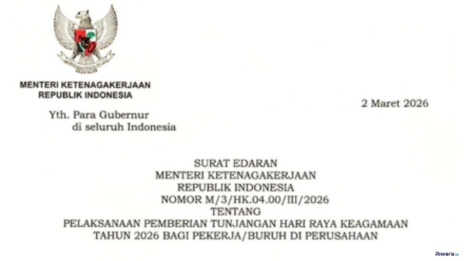 Surat Edaran (SE) Menteri Ketenagakerjaan Nomor M/3/HK.04.00/III/2026 tentang Pelaksanaan Pemberian THR Keagamaan 2026 Bagi Pekerja/Buruh di Perusahaan